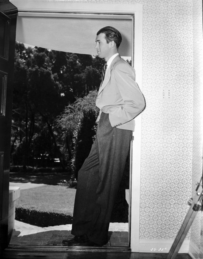 James Stewart photo print in long sleeve collar shirt and black linen pants