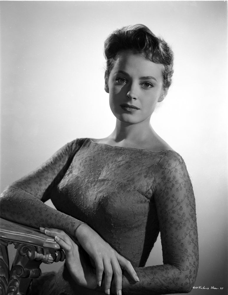 Victoria Shaw posing in a lace ballgown photo print