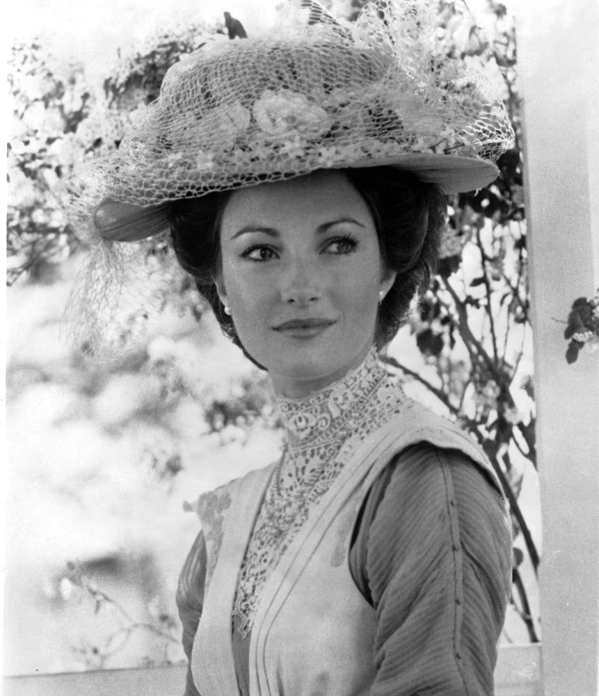 Portrait of Jane Seymour wearing a floral hat outdoors photo print.