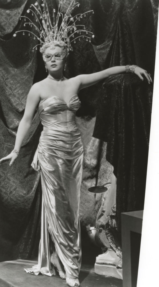 Lana Turner portrait photo print wearing gown and mask