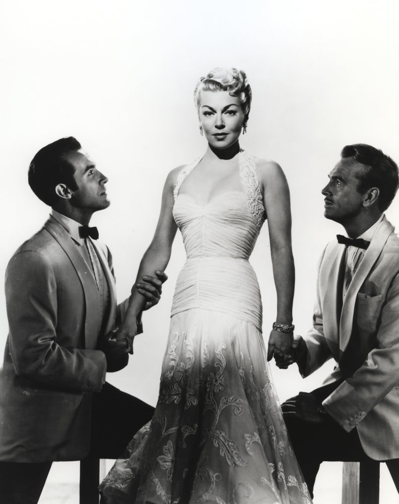 Portrait photo print of Lana Turner with two gentlemen, classic Hollywood art.