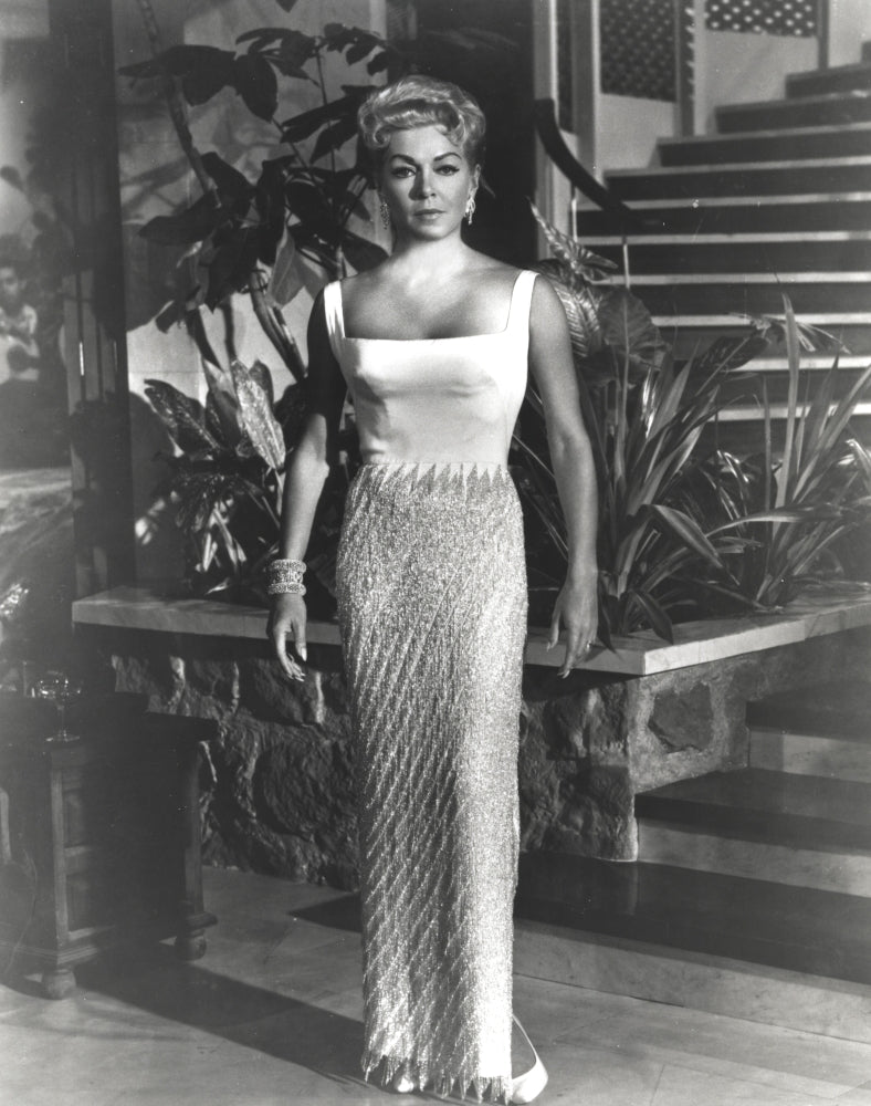 Lana Turner posing in a white long gown photo print