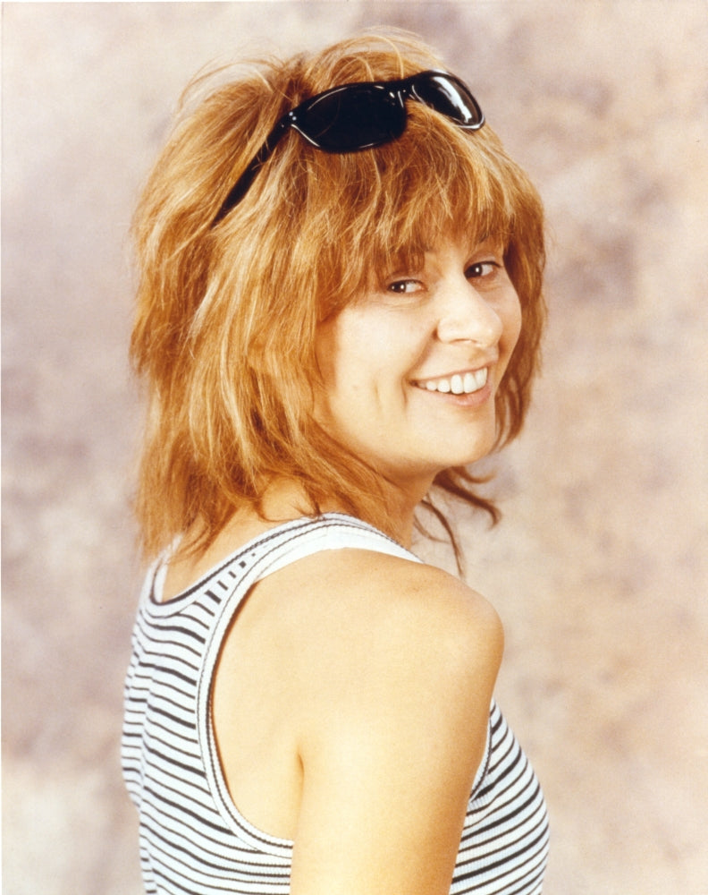Black and white portrait photo print of Tracey Ullman in a sleeveless outfit.