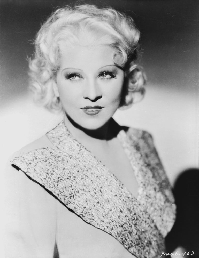 Mae West portrait photo print in elegant white dress, classic Hollywood art