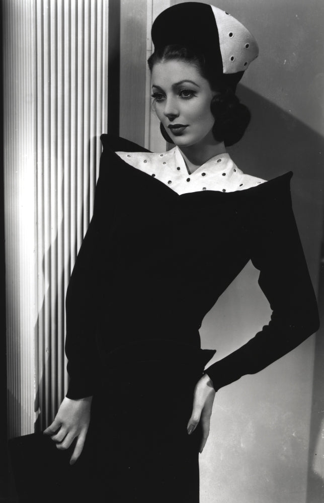 Loretta Young photo print in black and white dress with hat