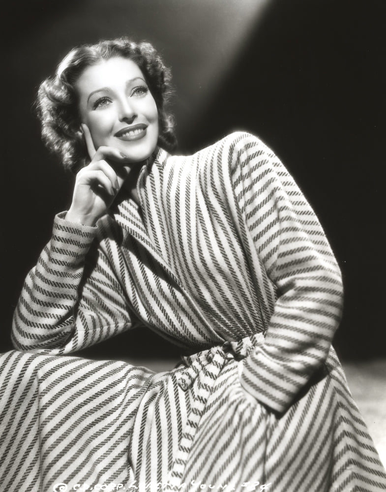 Loretta Young in Stripe Dress with Curly Hair Photo Print