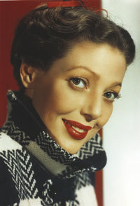 Loretta Young photo print with red lips and checkered coat