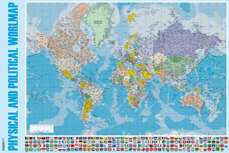 Physical and Political World Map Poster Print - 34x22