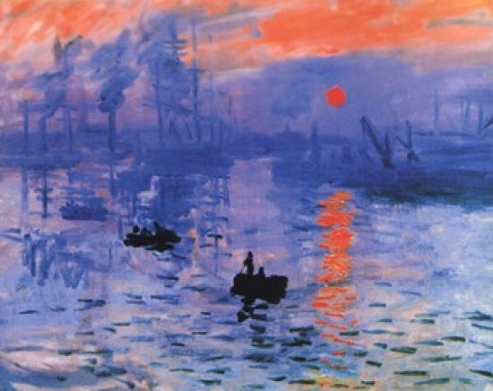 Impression, Sunrise - Blue poster print by Claude Monet, featuring a stunning sunrise over water.