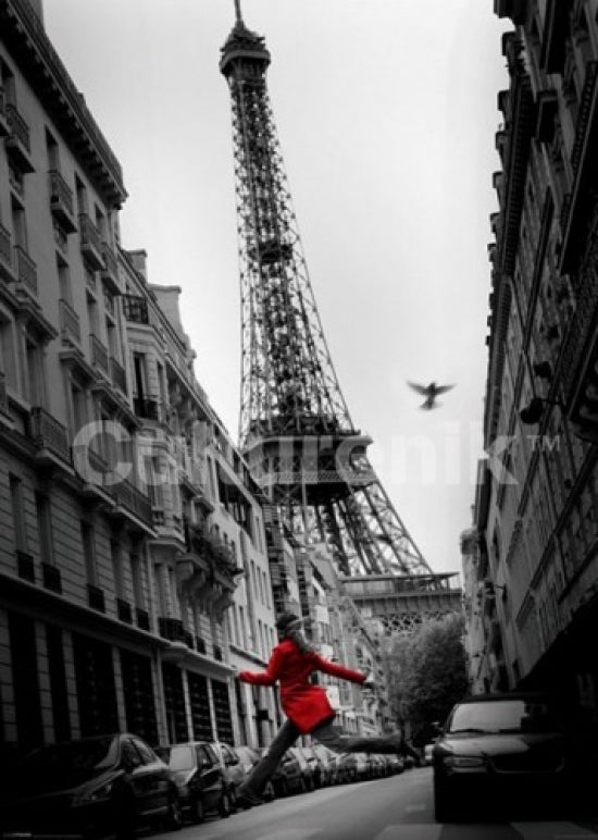 Paris La Veste Rouge Poster featuring a figure in a vibrant red coat.