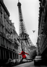 Paris La Veste Rouge Poster featuring a figure in a vibrant red coat.