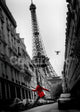 Paris La Veste Rouge Poster featuring a figure in a vibrant red coat.