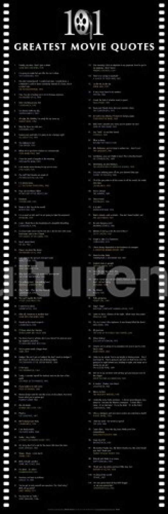 101 Greatest Movie Quotes Poster displayed on a wall, perfect for film enthusiasts.