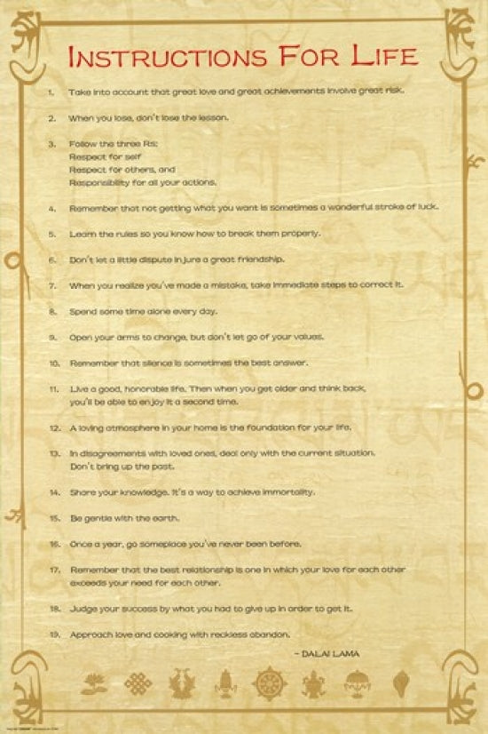 Instructions for Life Poster featuring teachings by the Dalai Lama, 24x36 inches.