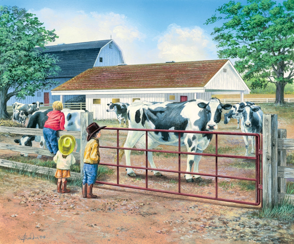 Break from Chores poster print featuring cows and children by John Bindon.