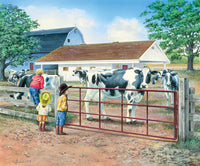 Break from Chores poster print featuring cows and children by John Bindon.