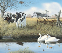 Stream Companions Poster Print featuring swans and cows by John Bindon.