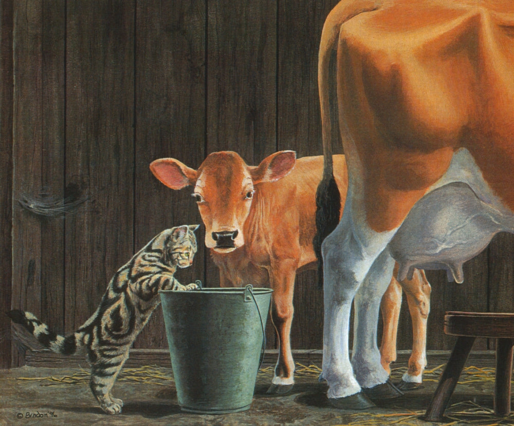 Whose Milk Poster Print by John Bindon featuring whimsical artwork.