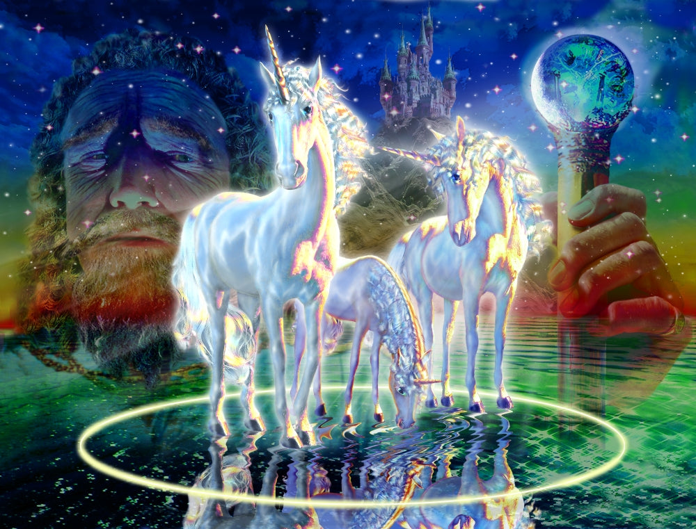 Wizard and Unicorns Poster Print by Adrian Chesterman, featuring a magical scene with a wizard and unicorns.
