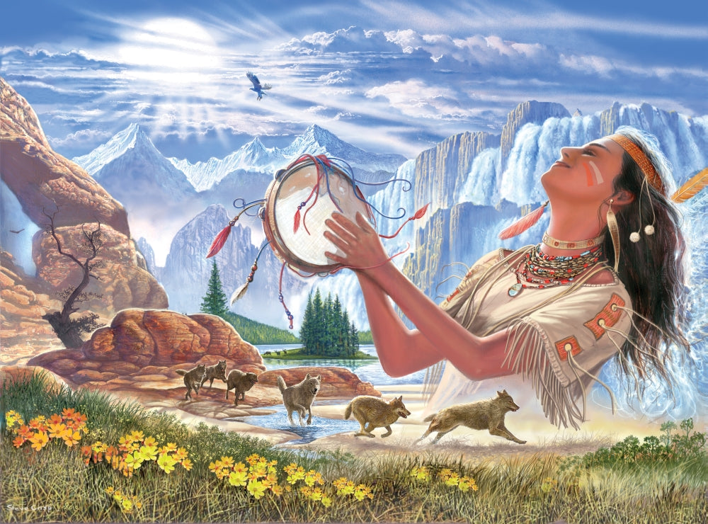 Indian Squaw and Wolves Poster Print by Steve Crisp capturing Native American woman and wolves.