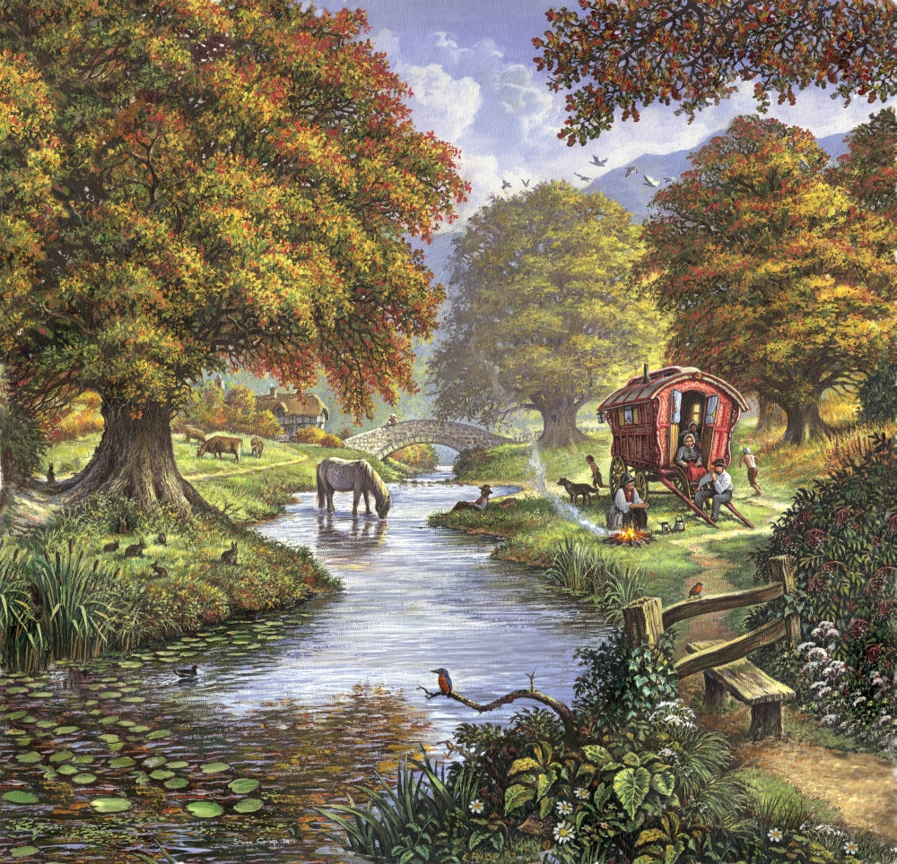 The Romany Camp Poster Print by Steve Crisp, artwork featuring a vibrant Romany camp scene.