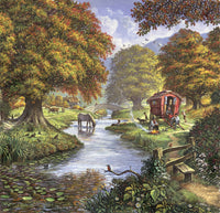 The Romany Camp Poster Print by Steve Crisp, artwork featuring a vibrant Romany camp scene.