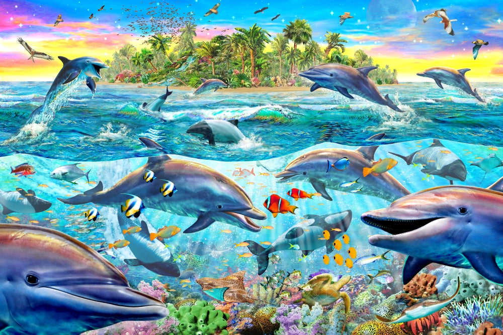 Dolphin Reef Poster Print by Adrian Chesterman showcasing vibrant marine life.