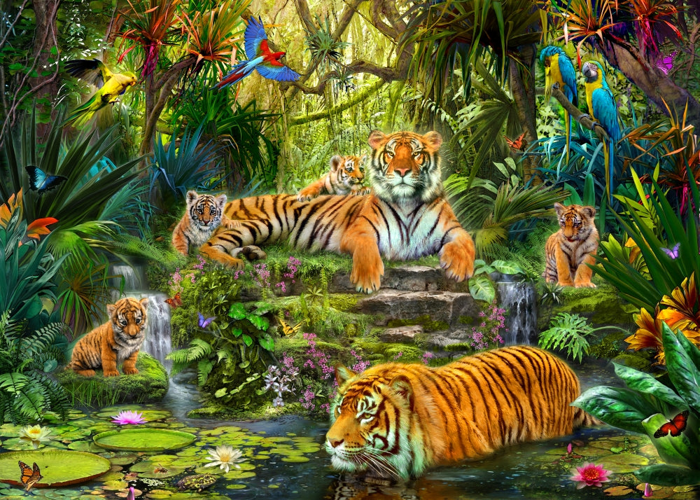 Tiger Family at the Pool Poster Print by Jan Patrick featuring a playful scene.