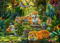 Tiger Family at the Pool Poster Print by Jan Patrick featuring a playful scene.
