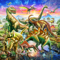 Dinoscene Poster Print by Adrian Chesterman featuring colorful dinosaurs in a whimsical setting.