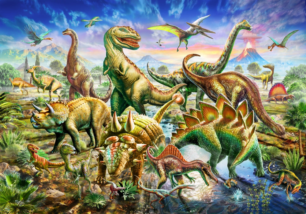 Dinoscene Poster Print by Adrian Chesterman featuring vibrant dinosaurs in a prehistoric setting.