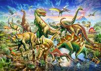 Dinoscene Poster Print by Adrian Chesterman featuring vibrant dinosaurs in a prehistoric setting.