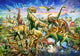 Dinoscene Poster Print by Adrian Chesterman featuring vibrant dinosaurs in a prehistoric setting.