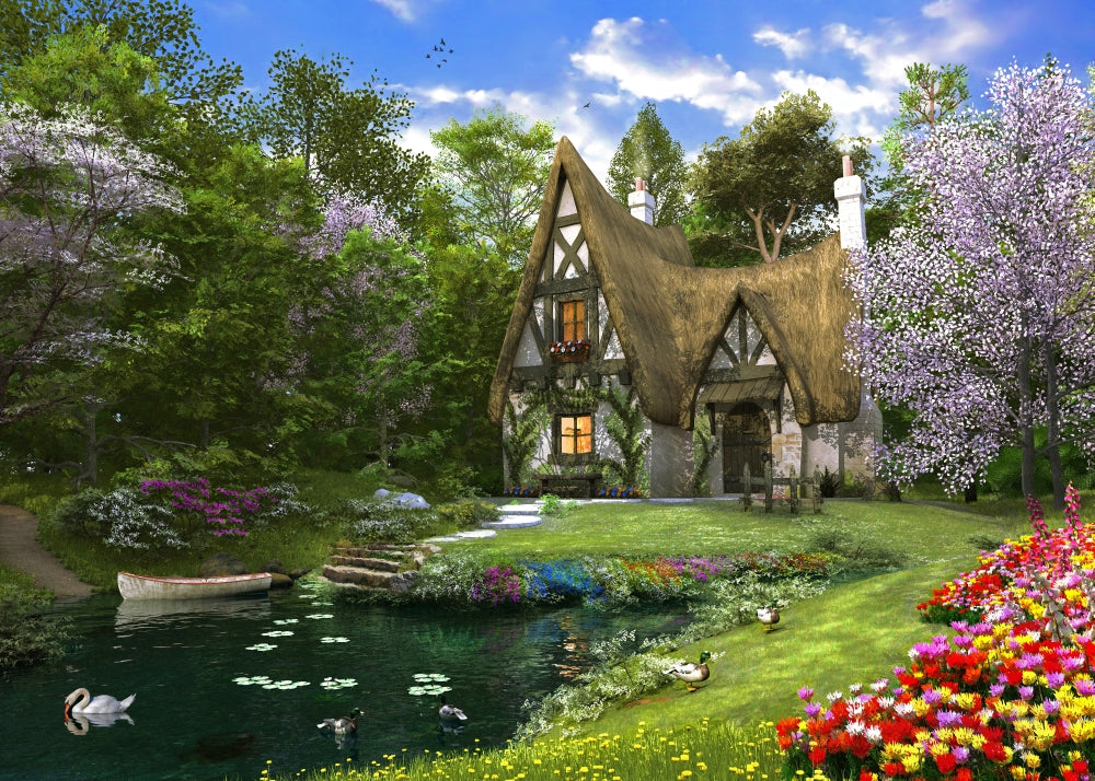 Spring Lake Cottage Poster Print by Dominic Davidson, serene lakeside artwork.