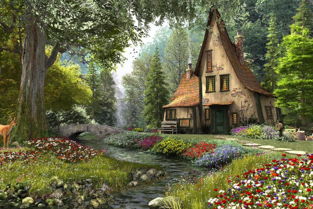 Toadstool Cottage Half Deer Poster Print by Dominic Davidson showcasing whimsical nature art.