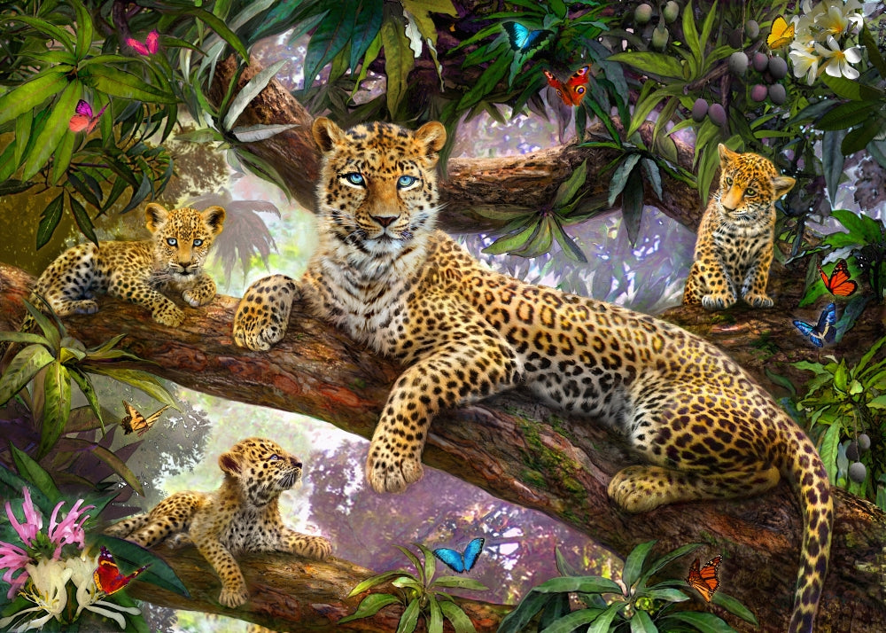 Tree Top Leopard Family Poster Print by Jan Patrick featuring leopards in a tree.
