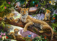 Tree Top Leopard Family Poster Print by Jan Patrick featuring leopards in a tree.