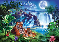 Tiger Moon Poster Print featuring a majestic tiger and moonlit backdrop by Steve Crisp.