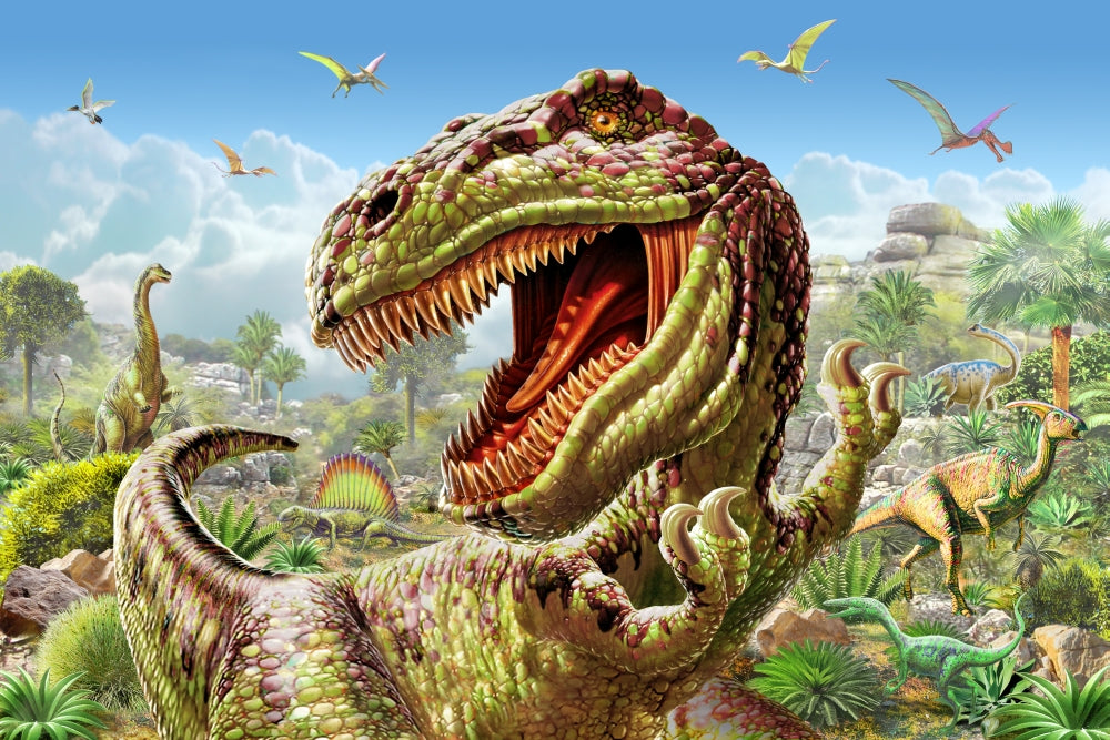 T-Rex & Dinosaurs Poster Print by Adrian Chesterman, featuring a vibrant illustration of dinosaurs
