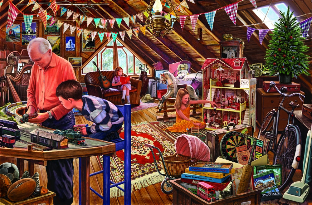 Attic Playtime Poster Print by Steve Crisp featuring playful childhood imagery.