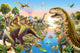 Jurassic River Poster Print by Adrian Chesterman showcasing a prehistoric landscape with dinosaurs.