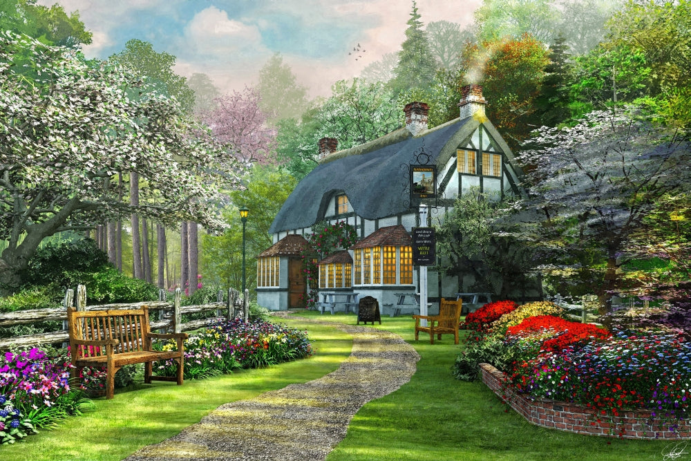 Cottage Pup Poster Print featuring a charming dog illustration by Dominic Davidson.