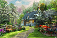 Cottage Pup Poster Print featuring a charming dog illustration by Dominic Davidson.