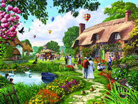 Pond Cottage Poster Print by Steve Crisp - serene artwork of a cottage by the water.