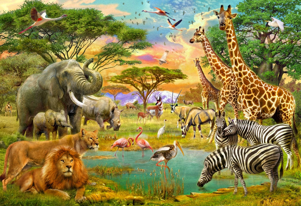 The Watering Hole poster print by Jan Patrick, showcasing serene wildlife at a watering hole.
