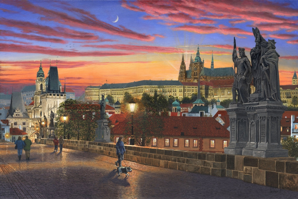 Prague at Dusk Poster Print by Richard Harpum, beautiful cityscape art.