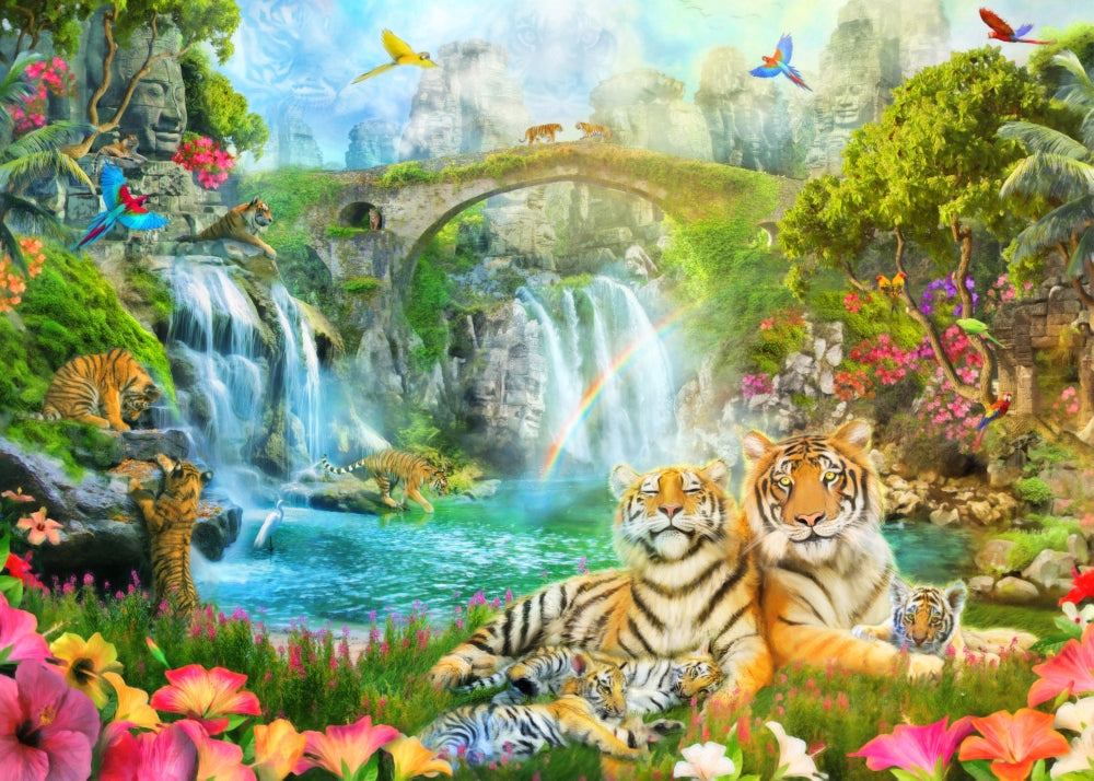 Majestic Tiger Grotto Poster Print by Aimee Stewart featuring a vibrant tiger in a lush grotto.