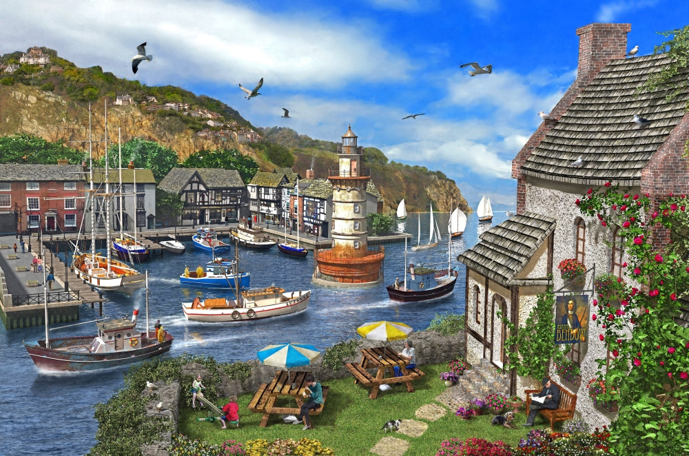 The Village Harbour Poster Print by Dominic Davidson showcasing a serene coastal scene.