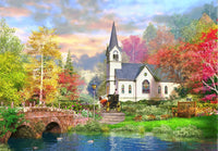 Autumnal Church poster print by Dominic Davidson featuring vibrant fall colors.