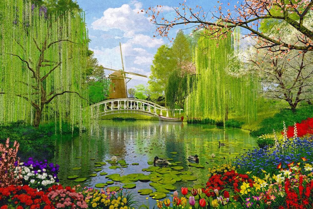 Windmill Lake Poster Print by Dominic Davidson showcasing a tranquil lakeside scene with a windmill.